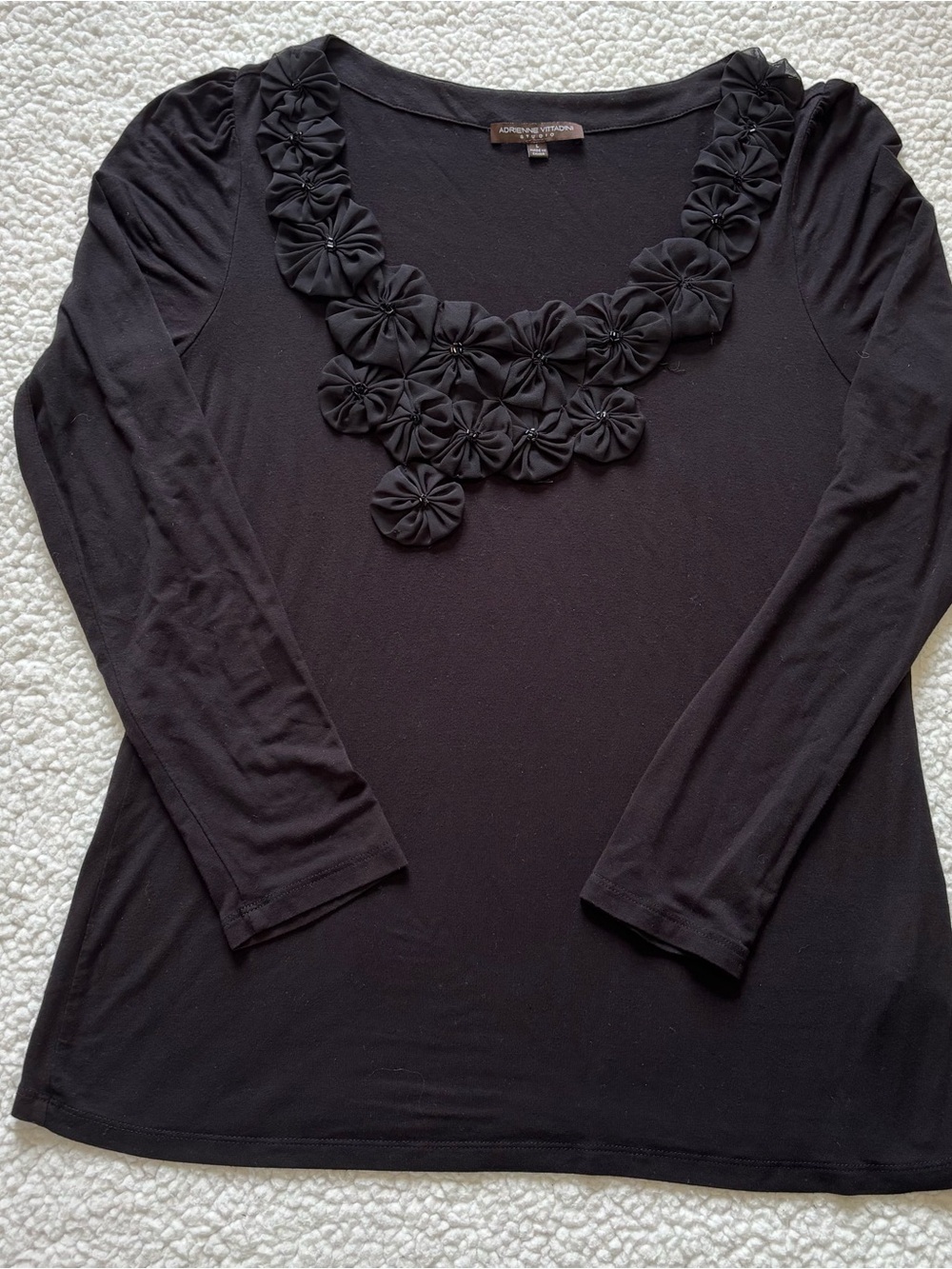Adrienne Vittadini Whimsigoth Y2K Ruffle Flower Embellished Scoop Neck Top Black
